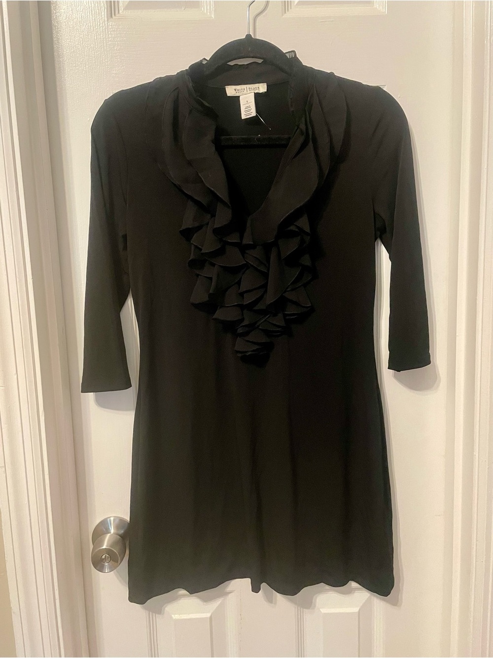 White House Black Market Black Ruffle V-Neck Long Sleeve Dress